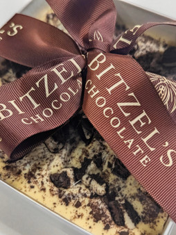 White Chocolate Cookies & Cream Bark with ribbon