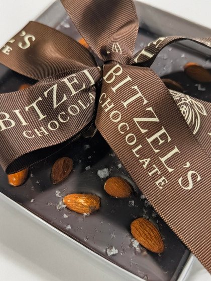 Dark Chocolate Salted Roasted Almond Bark with ribbon
