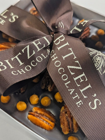 Dark Chocolate Caramel Pecan Turtle Bark with ribbon