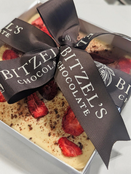 White chocolate very berry strawberry and raspberry bark with ribbon