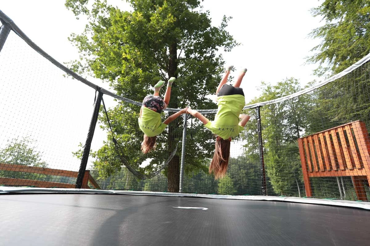 Grey and black Akrobat Gallus Plus trampoline from another angle