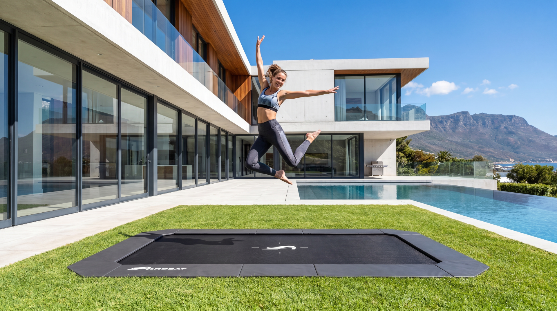 Akrobat Primus Flat Plus 17x10ft rectangular trampoline set into a lawn