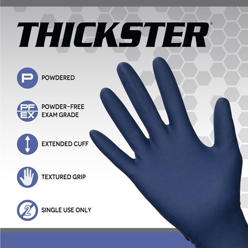 SAS Thickster Powder-Free Exam Grade Latex Disposable Gloves. Size Large. Blue, 14 Mil Thickness, 12" Length. Fully Textured for Superior Grip. Single Use. Pack of 50