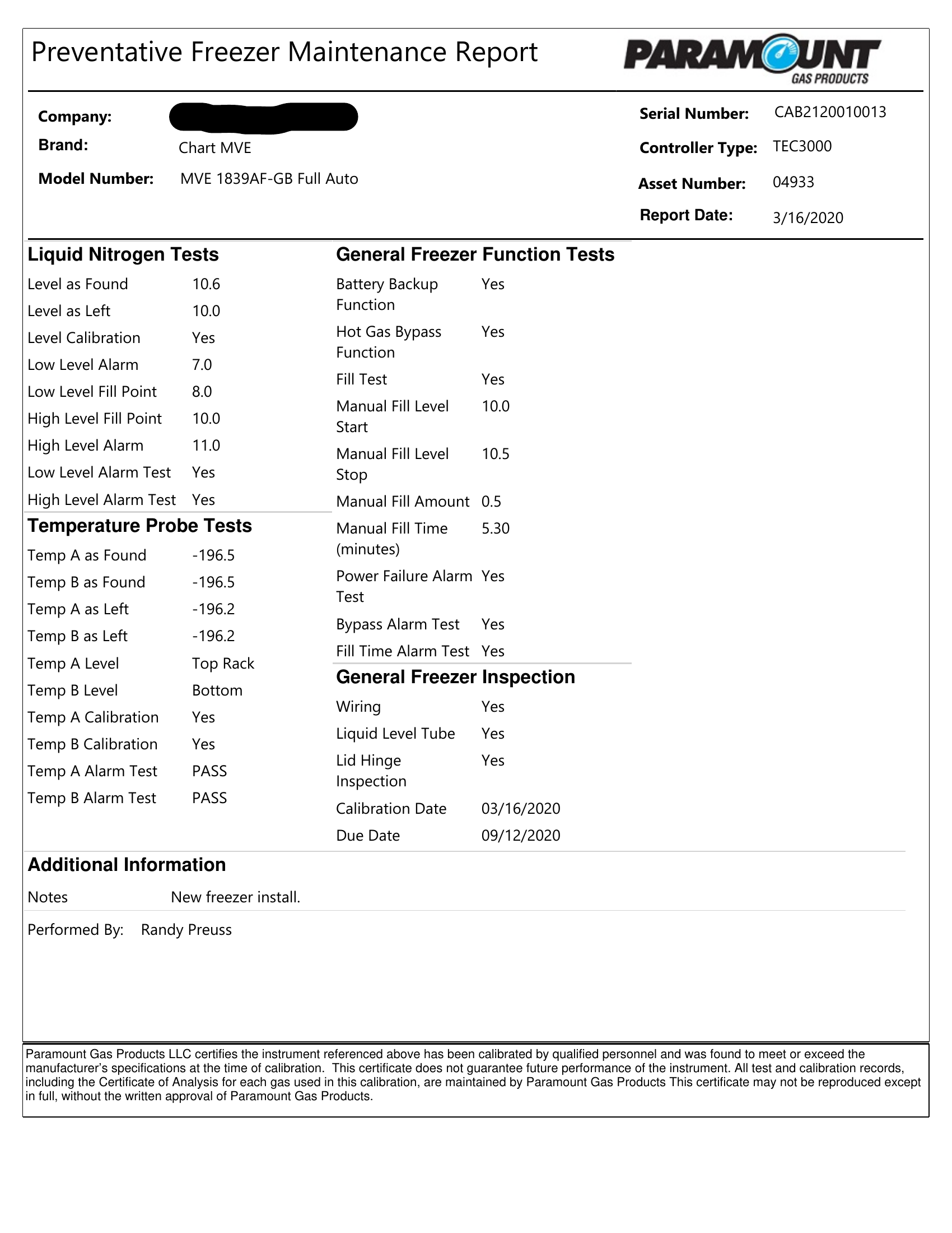 Sample MVE Freezer PM Report