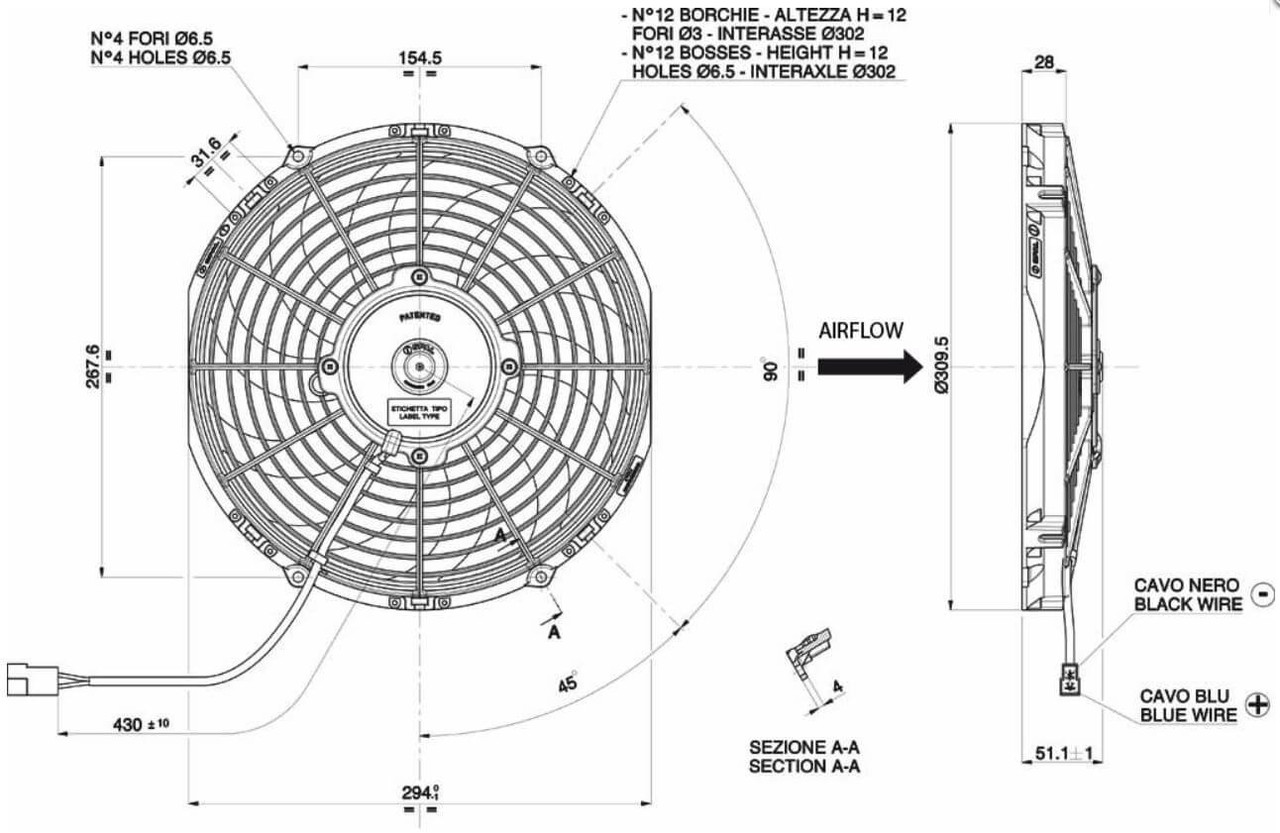 30100411 SPAL® 11" Electric Fan Puller Low Profile 844 CFM 10 Curved blades