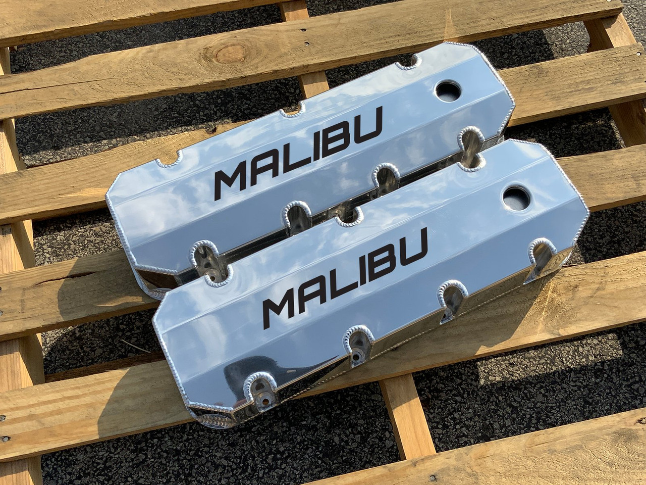 BBC Big Block Chevy Fabricated Aluminum Valve Covers Etched Malibu