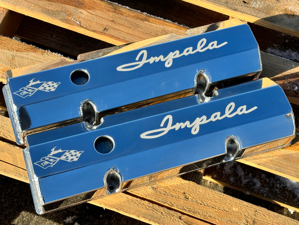 Small Block Chevy Fabricated Aluminum Valve Covers laser etched Impala