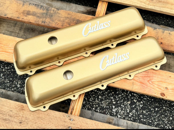 Oldsmobile Cutlass Gold Powdercoated Steel Valve Covers Laser etched