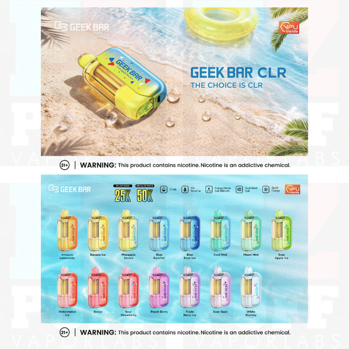 Newest geek bar to hit the market, with 50,000 puffs, GEEK BAR CLR disposable vape.