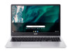 Silver Acer Chromebook 315 laptop open to show the large 15.6-inch Full HD display and spacious keyboard layout.
