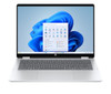 A glacier silver HP OmniBook 5 Flip 14-inch 2-in-1 notebook in tent mode, showcasing its 360-degree hinge and edge-to-edge glass touchscreen.