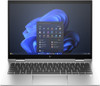 HP Elite x360 830 G11 premium silver 2-in-1 laptop angled in tent mode showing its flexible 360-degree aluminum profile.