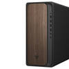 Front view of the HP OmniDesk M03-000 Desktop PC highlighting the modern dark wood-inspired front trim panel.