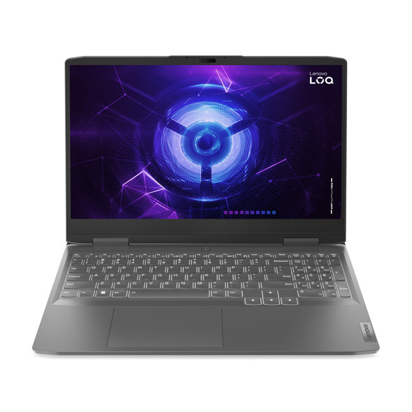 Lenovo LOQ 15 gaming laptop front view with 144Hz FHD screen and storm grey chassis.