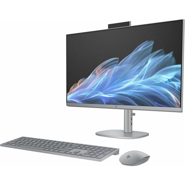 HP OmniStudio X 27-cs0010 All-in-One in Meteor Silver, featuring a slim 27-inch Full HD touchscreen display, minimalist stand, and sleek edge-to-edge design. Powered by Intel Core Ultra 7, Intel Arc Graphics, 16GB DDR5 RAM, and 1TB SSD, running Windows 11 Home.