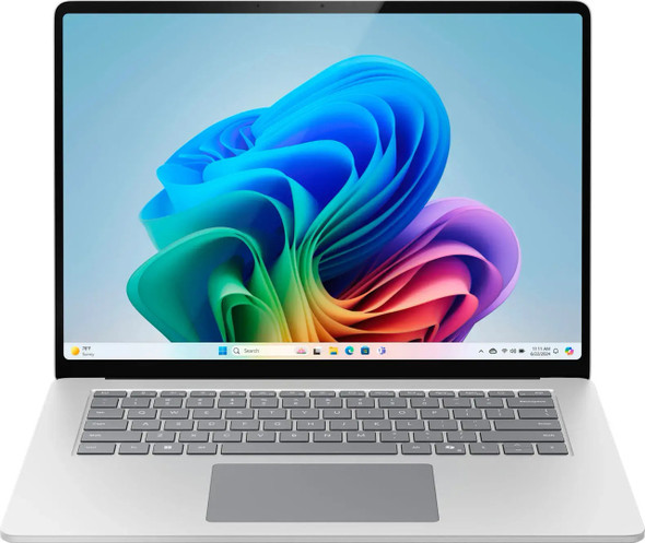Platinum silver Microsoft Surface Laptop 7 15-inch model shown open