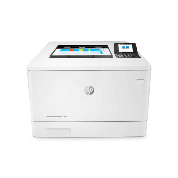 HP Color LaserJet Enterprise M455dn certified refurbished printer featuring a color display and automatic duplex printing for professional office use.