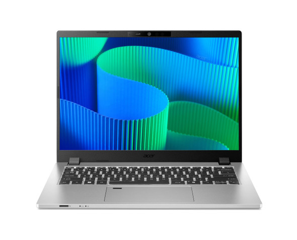 Acer TravelMate P2 14-inch business notebook in silver, shown open with Windows 11 Pro interface. Features Intel Core i5 processor, 16GB DDR5 RAM, 512GB SSD, and WUXGA IPS display. Designed for professional use with enhanced security and multitasking performance.