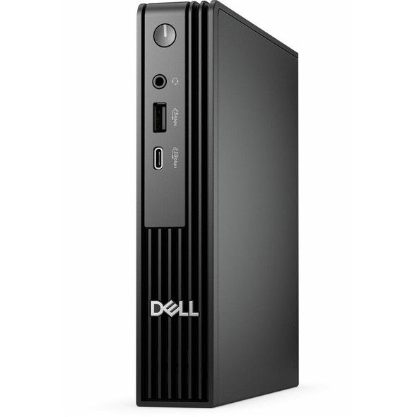 Front angle view of Dell Pro Micro QCM1250 in black showing compact chassis and front USB-C port.