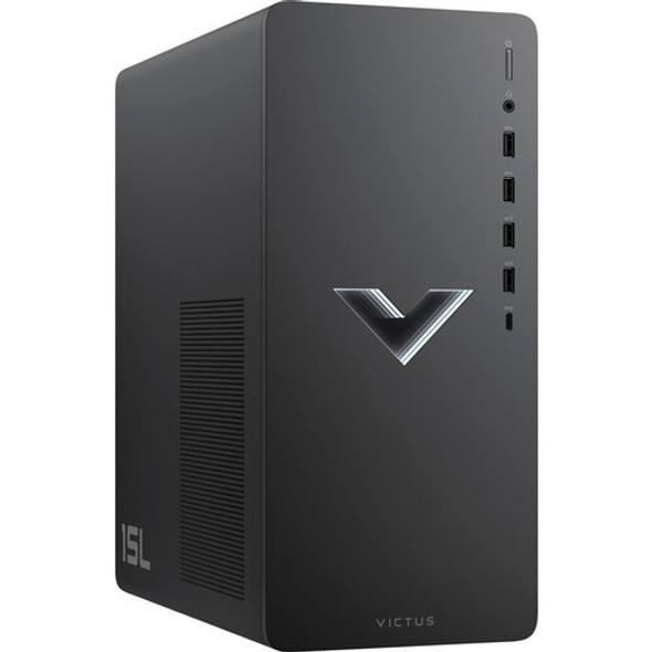 Front and side view of HP Victus 15L TG02-1020h Gaming Desktop PC in Mica Silver finish, featuring Intel Core i5-13400F processor, NVIDIA RTX 3050 graphics, 8GB RAM, 512GB SSD, and Windows 11—designed for smooth entry-level gaming, media streaming, and everyday performance.