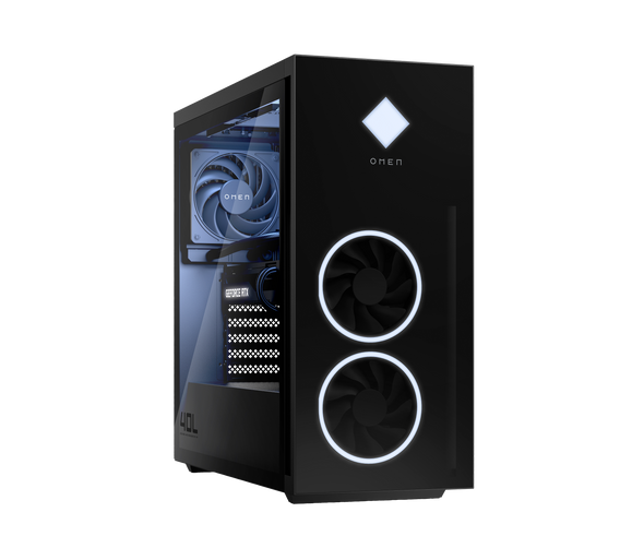 Angled view of HP OMEN 40L GT21-1364 Gaming Desktop PC showcasing a bold black chassis with RGB lighting, powered by AMD Ryzen 7 7700 processor, NVIDIA RTX 4070 SUPER 12GB graphics, 32GB DDR5 RAM, 1TB SSD, and Windows 11 Home—designed for high-end gaming, streaming, and creative productivity.
