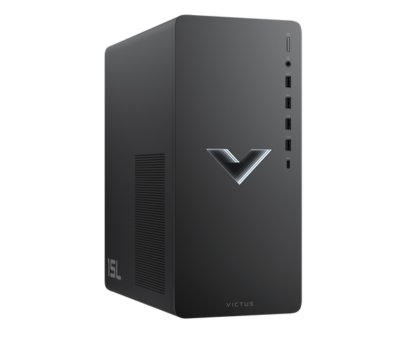 Front and side view of HP Victus 15L TG02-2029c Gaming Desktop with a sleek, space-saving black chassis, powered by Intel Core i5-14400F processor, NVIDIA RTX 3050 6GB graphics, 16GB RAM, 512GB SSD, and Windows 11 Home—engineered for casual gaming, streaming, and creative multitasking.