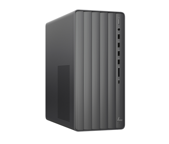 Front and side view of HP ENVY TE01-5360 Desktop PC featuring a sleek black tower design, equipped with Intel Core i7-14700F processor, NVIDIA RTX 3060 12GB graphics, 16GB RAM, 1TB SSD, and Windows 11 Home—engineered for immersive gaming and creative workloads