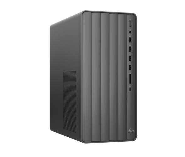 Front and side view of HP ENVY TE01-5360 Desktop PC featuring a sleek black tower design, equipped with Intel Core i7-14700F processor, NVIDIA RTX 3060 12GB graphics, 16GB RAM, 1TB SSD, and Windows 11 Home—engineered for immersive gaming and creative workloads