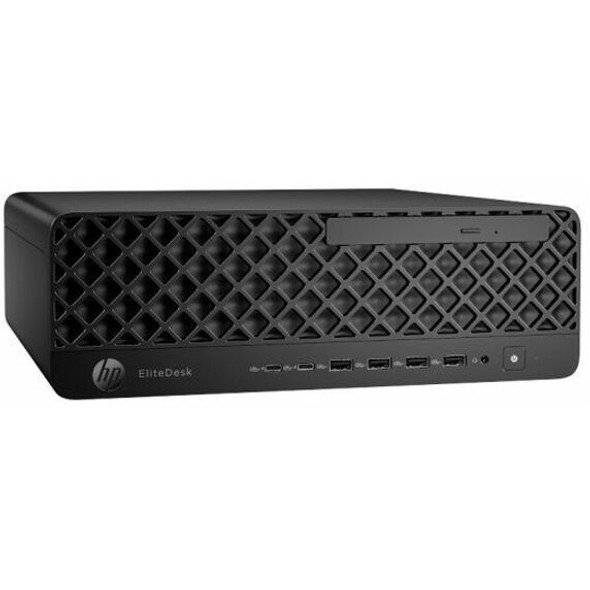 Front and side view of HP EliteDesk 8 G1i SFF AI Desktop PC featuring Intel Core Ultra 9 285 vPro processor, 64GB RAM, 1TB SSD, and Windows 11 Pro—compact small form factor design ideal for business and AI-driven workloads.