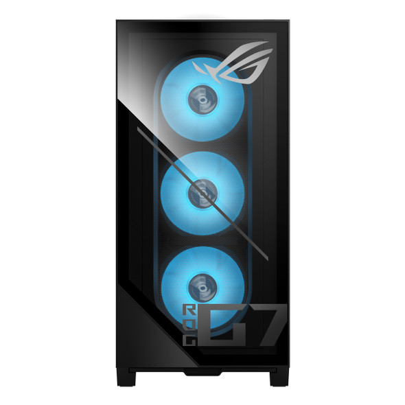 ASUS ROG G700 (2025) gaming desktop in black, featuring Intel Core Ultra 7 265F processor, 32GB DDR5 RAM, 1TB NVMe SSD, NVIDIA GeForce RTX 5070 graphics, and Windows 11 Pro—built for elite-level gaming and content creation