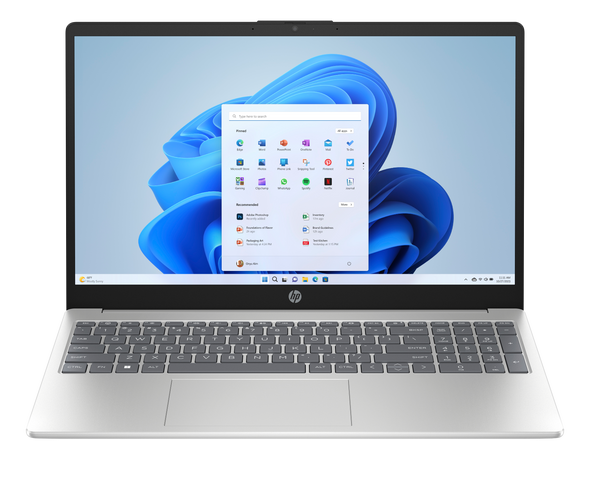 HP Laptop 15-fc0102nr in Natural Silver with 15.6-inch FHD display, AMD Ryzen 5-5625U processor, Radeon Graphics, 8GB DDR4 RAM, 512GB SSD, Windows 11 Home, Wi-Fi 6, USB-C, and HD webcam – sleek ultraslim design with narrow border screen