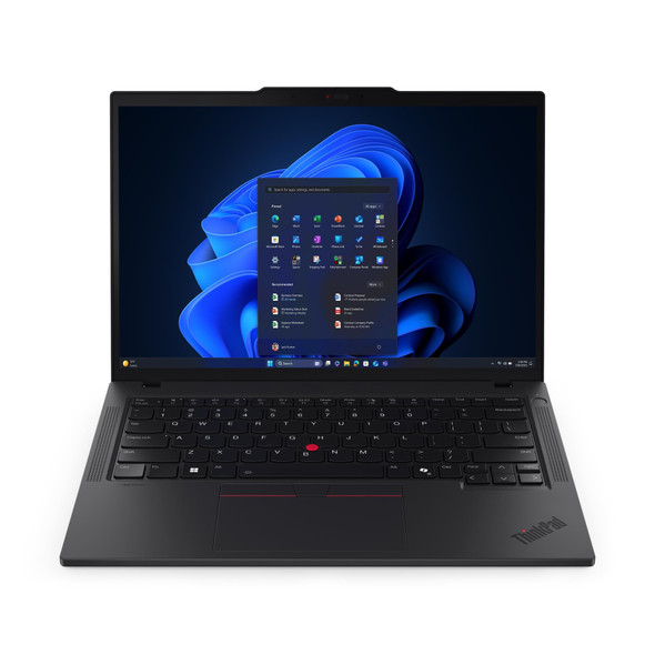 Lenovo ThinkPad T14 Gen 6 AI-enhanced business laptop with Intel® Core Ultra 5 processor, 32GB DDR5 RAM, 512GB SSD, 14-inch touchscreen display, and Windows 11 Pro, shown open and powered on.