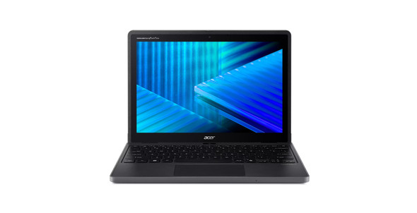 Acer TravelMate B3 Spin 12 convertible touchscreen notebook designed for K–12 education, featuring Intel N150 processor, 8GB LPDDR5 memory, and Windows 11 Pro Education, front view