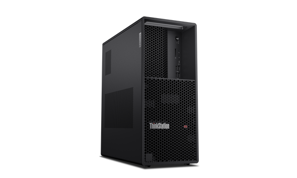Lenovo ThinkStation P3 Tower Gen 2 desktop with Intel Core Ultra 7 265 processor, NVIDIA RTX 2000 Ada 16GB graphics, 32GB DDR5 RAM, 1TB NVMe SSD, and Windows 11 Pro; shown in matte black tower chassis with front ventilation and ThinkStation branding.