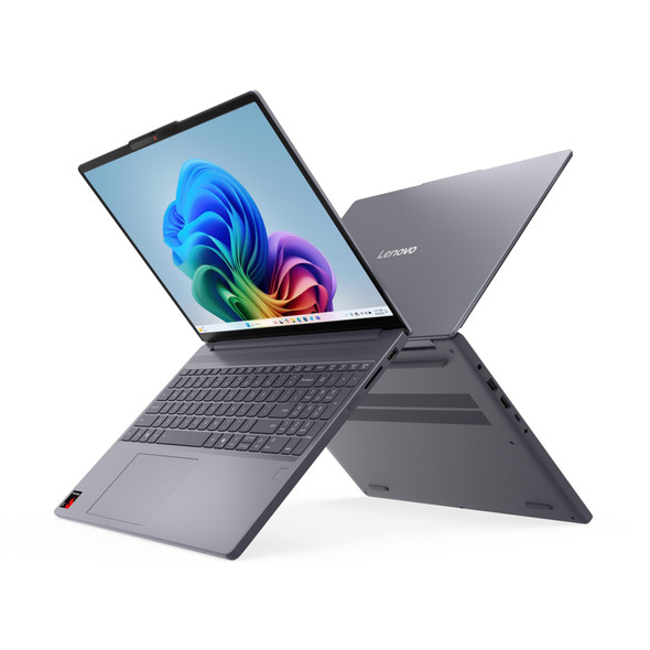 Lenovo IdeaPad Slim 3 15Q8X10 laptop in Luna Grey, featuring a 15.3-inch WUXGA touchscreen display, Snapdragon X processor, 16GB RAM, and 512GB SSD, running Windows 11 Pro.