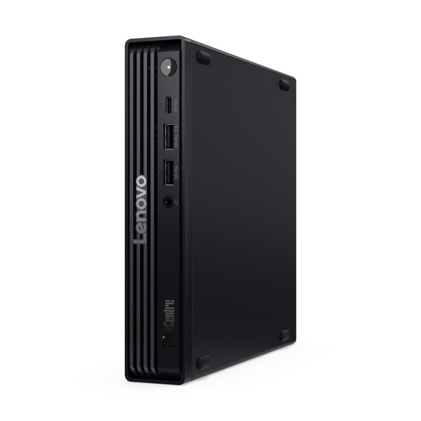 Front view of Lenovo ThinkCentre M70q Gen 6 Tiny AI PC featuring a compact black chassis, Intel Core Ultra 7 processor, 16GB DDR5 memory, 256GB SSD storage, and Windows 11 Pro—designed for high-performance business computing in space-saving environments.