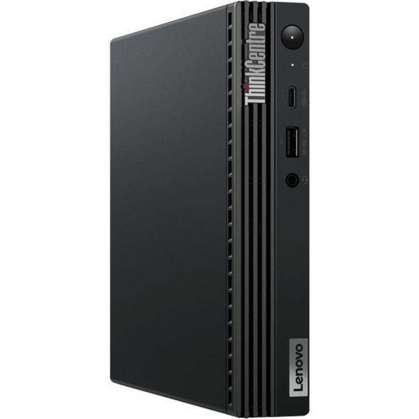 Lenovo ThinkCentre M80q Gen 3 Tiny desktop PC with Intel Core i5-12500T processor, 16GB DDR4 RAM, 256GB PCIe NVMe SSD, compact 1L chassis, front-facing USB-C and audio ports, and support for up to four displays; designed for enterprise-grade performance and modular deployment.