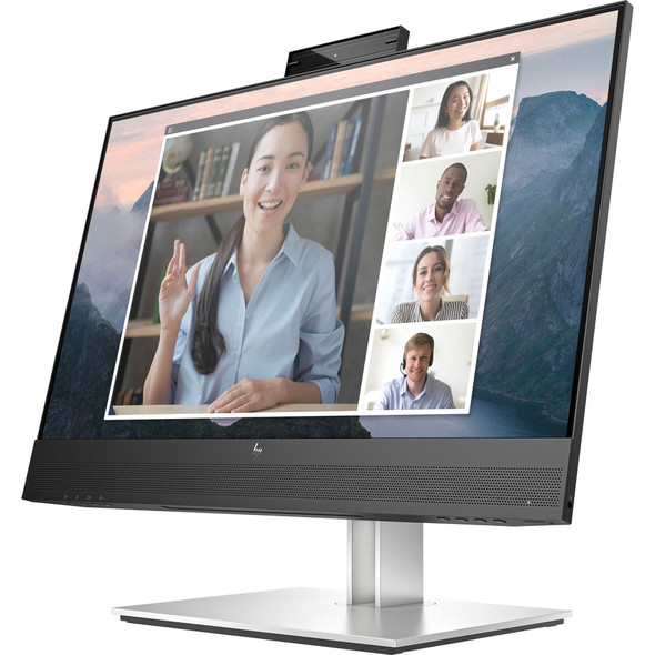 Front-facing view of the HP E24mv G4 23.8-inch FHD conferencing monitor with built-in 5MP pop-up webcam, dual speakers, and microphone—featuring ergonomic stand, ultra-slim bezels, and low blue light technology for professional video calls and all-day comfort.