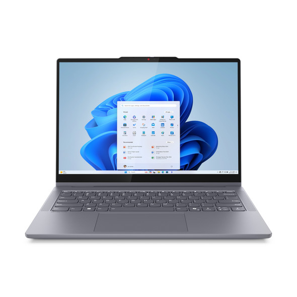 Lenovo IdeaPad 5 2-in-1 laptop in Luna Grey, displayed in tablet mode with 14-inch WUXGA touchscreen, featuring Intel® Core Ultra 7 processor, 16GB LPDDR5x memory, and 1TB SSD, running Windows® 11 Home.