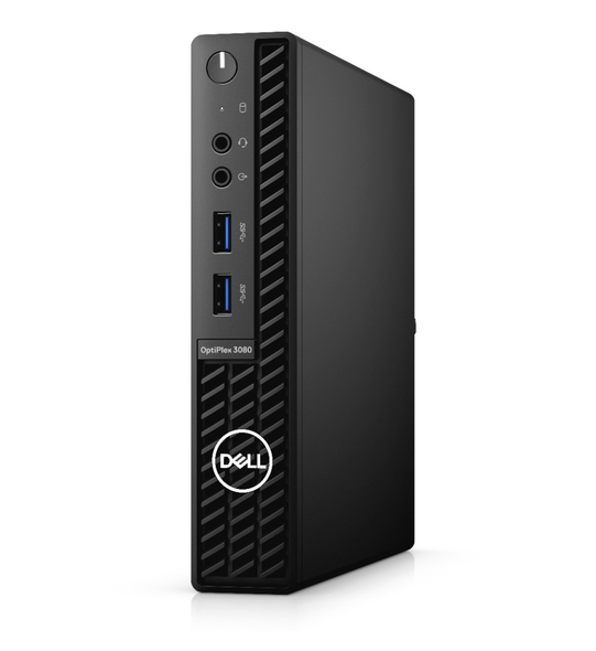 Front and angled view of the compact DELL OptiPlex 3080 Micro PC featuring an Intel Core i5-10500T processor, 16GB RAM, and 256GB NVMe SSD, shown with Windows 11 Pro interface—ideal for space-saving business setups and efficient multitasking