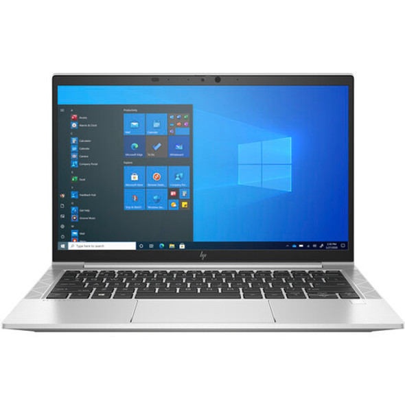Front view of HP EliteBook 830 G8 13.3-inch laptop with Intel Core i5-1145G7 quad-core processor, 16GB RAM, 256GB SSD, Grade A refurbished, Windows 11 Pro, shown with sleek silver finish and compact design
