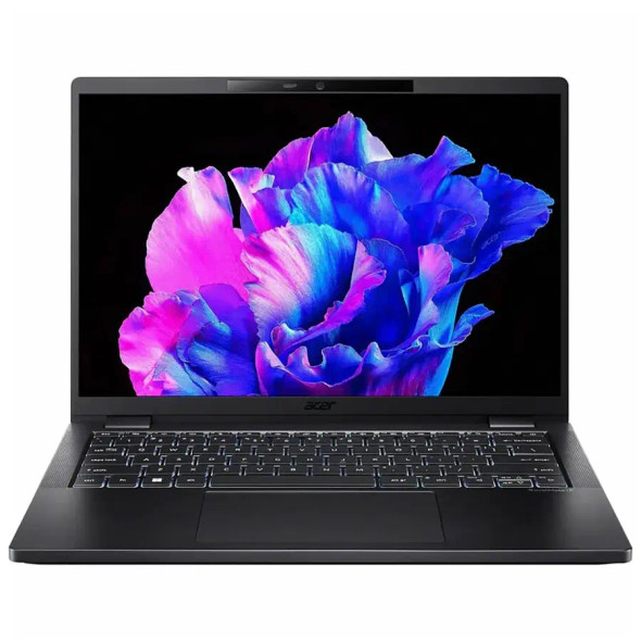 Acer TravelMate P6 14-inch AI-powered laptop with Intel Core Ultra 5 processor, 1TB SSD, 16GB RAM, running Windows 11 Pro in sleek black design.