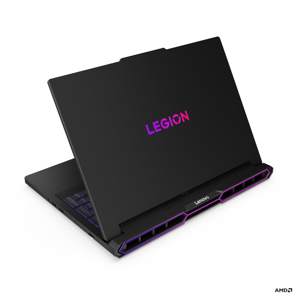 Lenovo Legion Pro 7 16AFR10H gaming laptop with Ryzen 9 9955HX3D processor, NVIDIA RTX 5080 GPU, 32GB RAM, 2TB SSD, and 16-inch OLED 240Hz display—sleek black chassis with RGB keyboard and high-performance cooling.