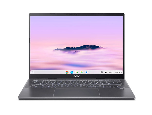 Acer Chromebook Plus Enterprise 714 – Front view displaying 14 Inch WUXGA 120Hz display screen and Steel Gray aluminum chassis