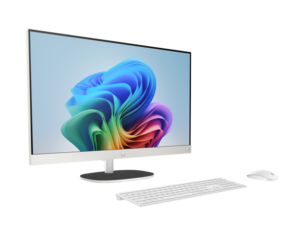 Front view HP 27″ all‑in‑one desktop PC Shell White with integrated camera and wireless keyboard/mouse combo