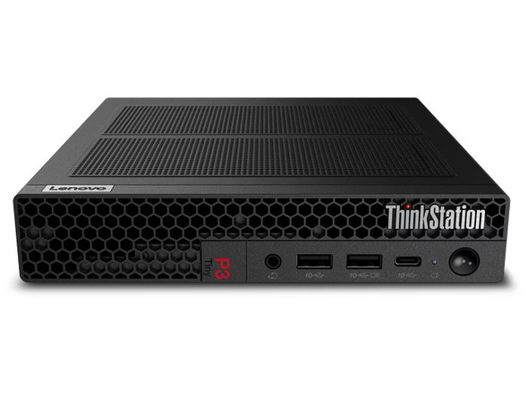 Lenovo ThinkStation P3 Tiny desktop with Intel Core i5 vPro processor, compact design, black finish

