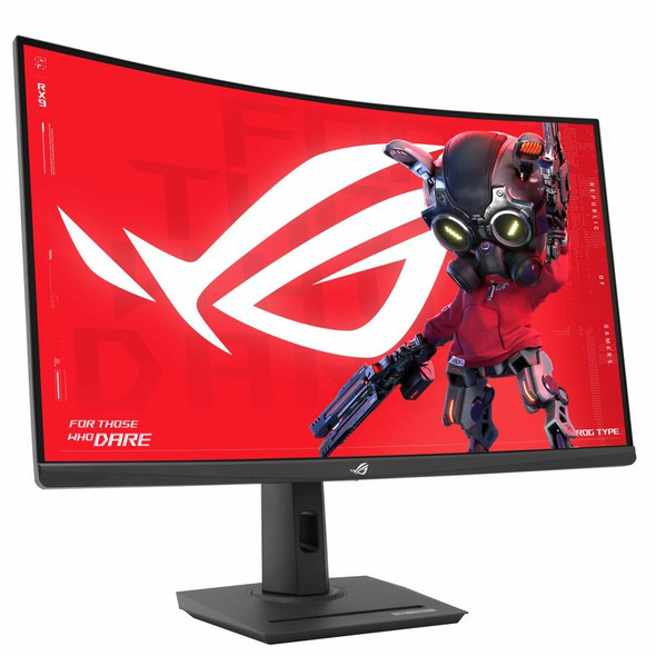 ASUS ROG Strix XG32WCMS 32 inch curved gaming monitor front view with vibrant game scene