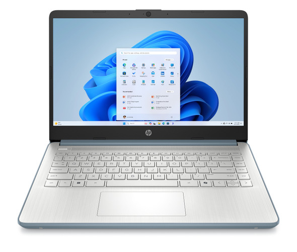 HP 14-dq6103ds touchscreen laptop in Moonlight Blue and Pike Silver featuring 14 inch micro-edge anti-glare HD display.