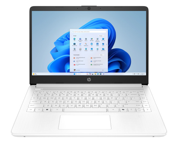 HP 14-dq3120nr Snowflake White laptop with 14 inch anti-glare display and Intel Celeron N4500 processor for eco-friendly portable productivity.