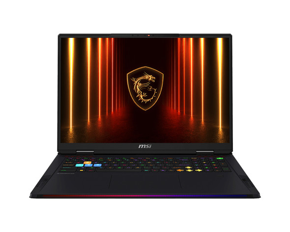 MSI Raider 18 HX AI laptop front view featuring massive 18 inch 120Hz Micro LED display and Core Black finish.